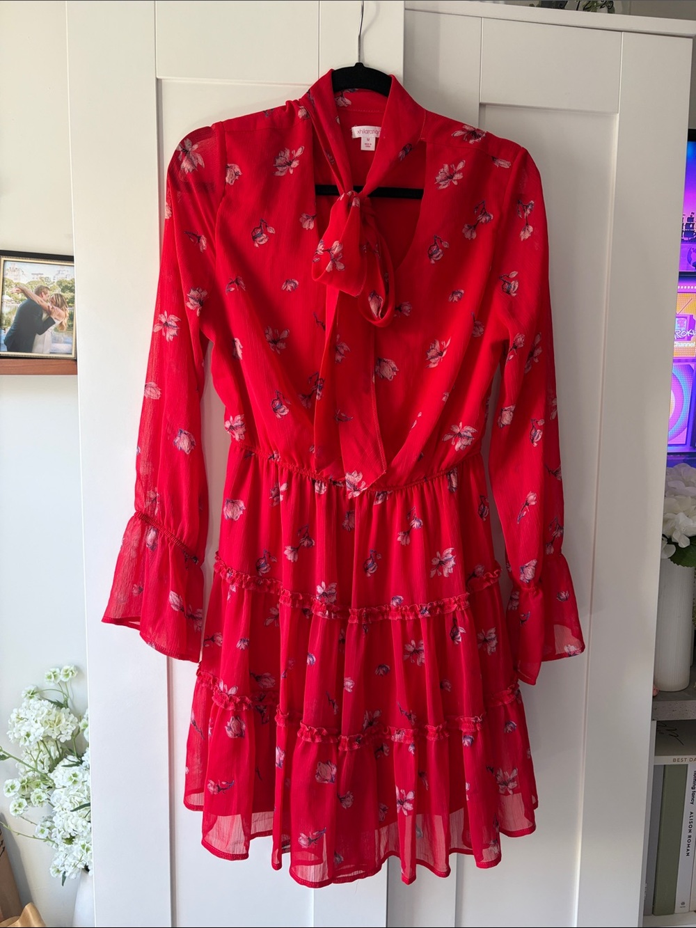 Xhilaration Red Floral Tie-Neck Tiered Casual Dress